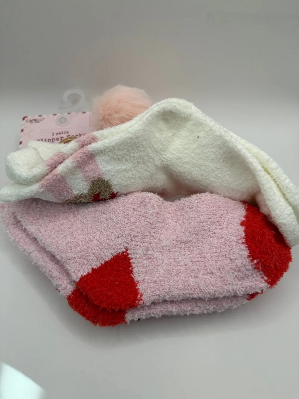 3x Pair Slipper Fuzzy Socks with Bonus Bag Charm